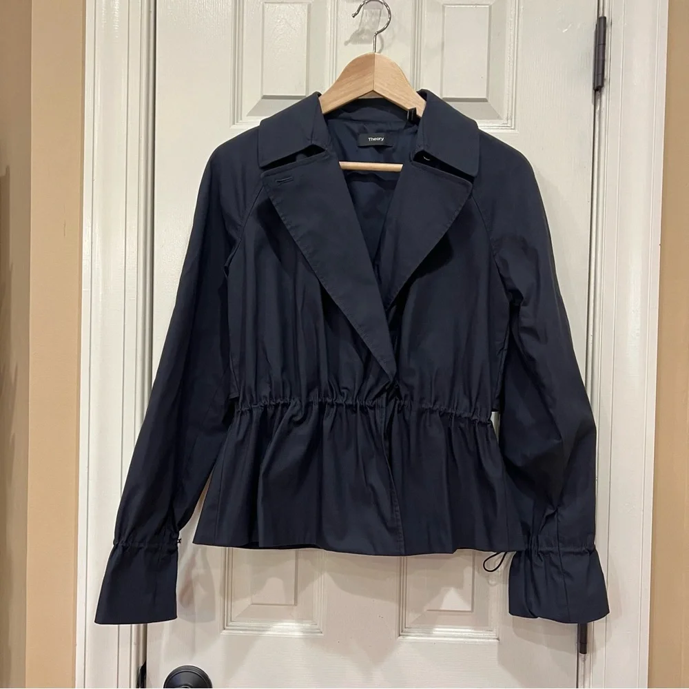 NEW Theory Cinch Trench Jacket Elevated Twill Navy Blur Women’s Small